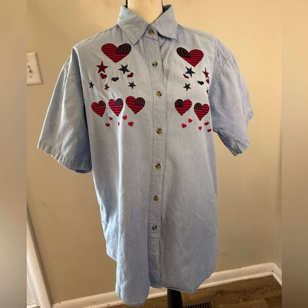 Radical Rags denim embroidered heart flag stars short sleeve top SZ XL
